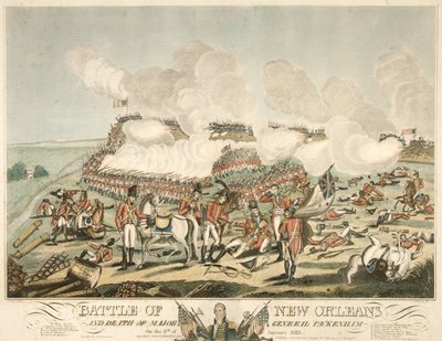 New Orleansin taistelu ja kenraalimajuri Packenhamin kuolema 8. tammikuuta 1815, pub. 1815 (värinen kaiverrus) tekijältä American School