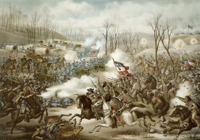 Battle of Pea Ridge, Arkansas, 6.-8. maaliskuuta, kaiverrus Kurz & Allison (väri litho) tekijältä American School