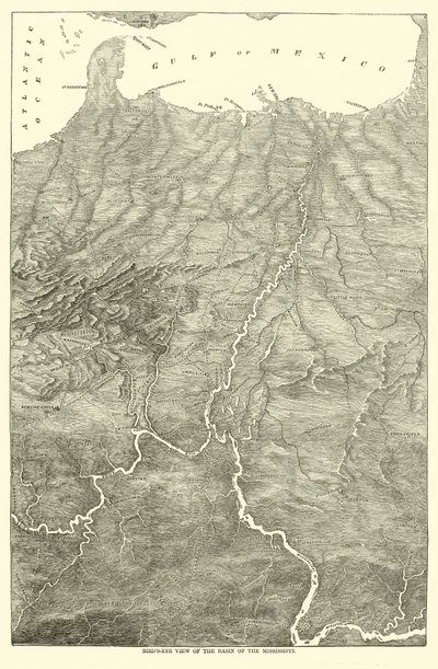Lintuperspektiivikuva Mississippin altaalle, 1862 tekijältä American School