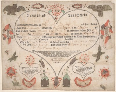 Maria Catharina Raupin syntymä- ja kastetodistus (Geburts und Taufschein) n. 1806 (kynä ja muste vesivärillä paperille) tekijältä American School