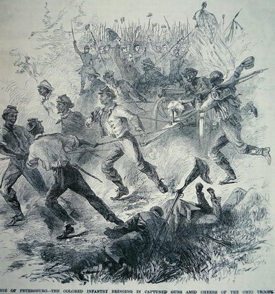 Unionin armeijan mustat joukot tuovat vangittuja aseita Pietarin piirityksen aikana (1864-65) (litho) tekijältä American School