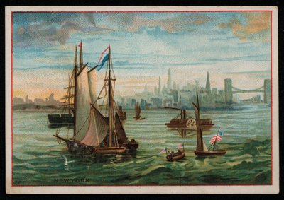 Veneitä New Yorkin satamassa, onnittelukortti. (kromoliitti) tekijältä American School