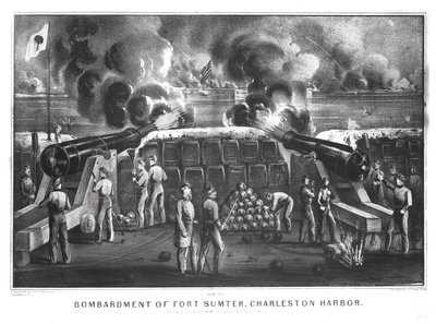 Fort Sumterin pommittaminen Charlestonin satamaan Fort Moultriesta, 12. ja 13. huhtikuuta 1861, pub. kirjoittaneet Currier ja Ives tekijältä American School