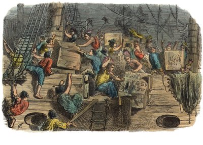 Boston Tea Party, noin 1860-luku (käsinvärinen kaiverrus) tekijältä American School