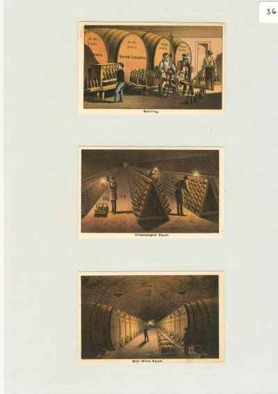 Pullotus- ja samppanjaholvi, Viinitilan kauppakortit, n.1876 (värilitho) tekijältä American School