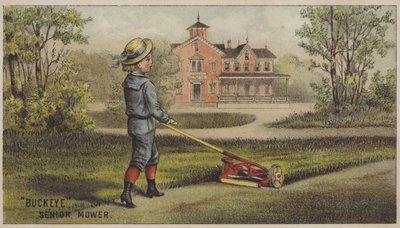 Poika leikkaa ruohoa maalaistalon ulkopuolella (chromolitho) tekijältä American School