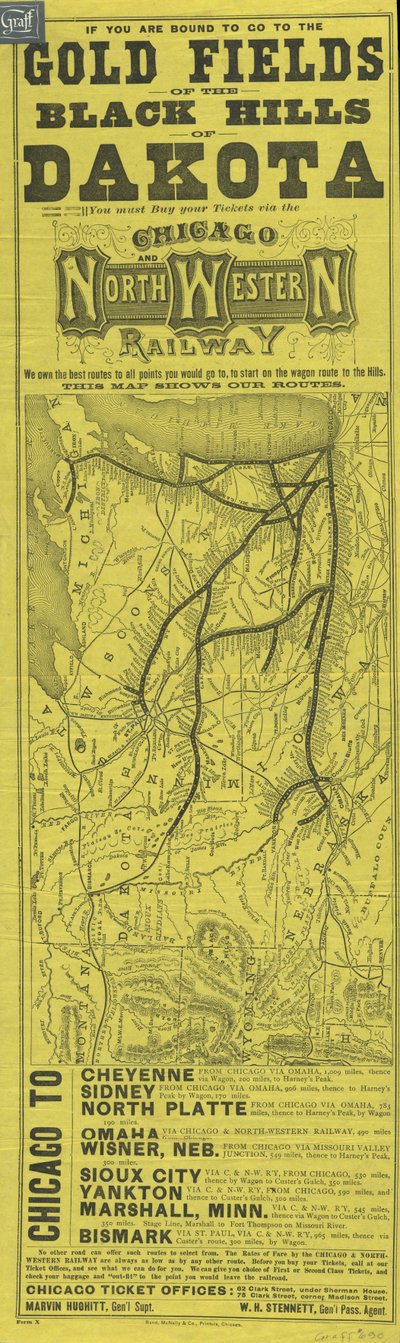 Broadside Chicagon ja North Western Railwaylle, painanut Rand McNally, n. 1870 tekijältä American School