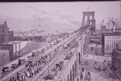 Brooklyn Bridge juuri avajaisten jälkeen, julkaistu 26. toukokuuta 1883 (kaiverrus) tekijältä American School