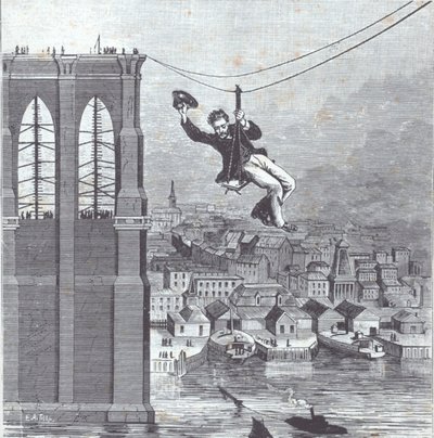 Brooklyn Bridge rakenteilla; Päärakennusvalvoja Farrington ylittää ensimmäisenä kahden pilonin välisen jänteen 25. elokuuta 1876 (kaiverrus) tekijältä American School