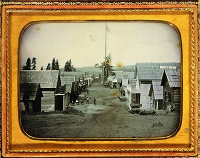 California Gold Mining Town, n. 1852 (puolilevyinen daguerrotyyppi, kohokuvioitu nahkakotelo) tekijältä American School