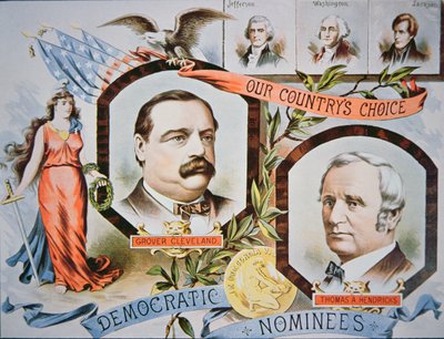 Presidenttiehdokas Grover Clevelandin ja ehdokkaan Thomas A. Hendricksin (1819-85) kampanjajuliste tekijältä American School