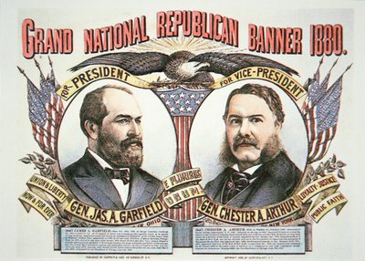 Presidenttiehdokas James A. Garfieldin (1831-81) ja ehdokkaiden Chester A. Arthurin (1829-86) kampanjajuliste 1880 (värilitho) tekijältä American School