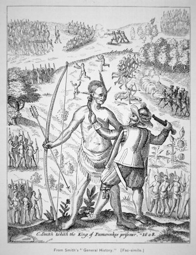 Kapteeni John Smith (1580-1631) vangitsemassa intiaanipäällikön vuonna 1608 Smithin julkaisusta "Generall Historie of Virginia, New England & the Summer Isles" tekijältä American School