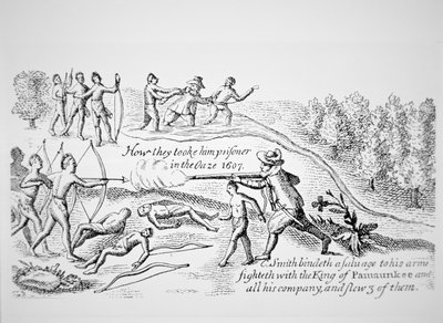 Kapteeni John Smith joutui intiaanien vangiksi Smithin Generall Historiesta Virginiassa, Uudessa Englannissa ja Summer Islesissa. tekijältä American School