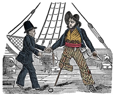 Kapteeni Mackralla ja merirosvolla on puinen jalka Kaiverrus "The Pirates Own Book" -kirjasta 1800-luku tekijältä American School
