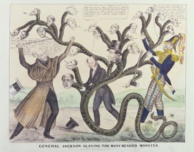 Karikatyyri kenraali Jacksonista (1767-1845) Slaying the Many Headed Monster, julkaisija H.R. Robinson, n. 1836 (kynä ja muste, kynä ja wc paperilla) tekijältä American School