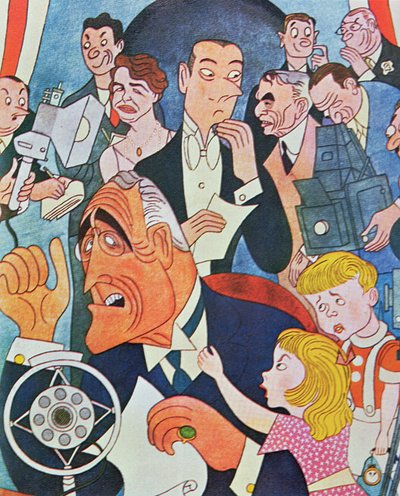 Sarjakuvakommentti presidentti Rooseveltin "Fireside Chats" -radiolähetyksistä kansakunnalle (värilitho) tekijältä American School