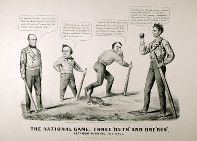 Sarjakuva, jossa Abraham Lincoln (1809-65) voitti pallon vastustajiaan Douglasia, Bellia ja Breckenridgeä vastaan presidentinvaaleissa 1860, 1860 tekijältä American School
