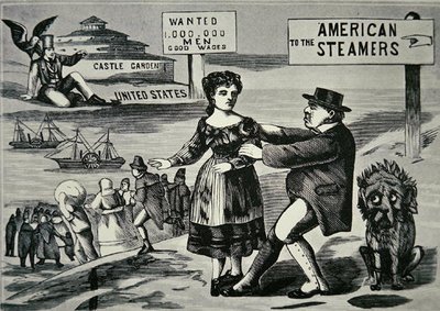 Sarjakuva, jossa John Bull yrittää pysäyttää kasvavan työvoimavirran Yhdysvaltoihin, n. 1850 (kaiverrus) tekijältä American School