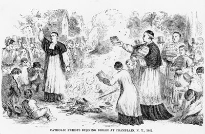 Katoliset papit polttavat raamattuja Champlainissa, New Yorkissa, kuva antikatolisesta pamfletista, 1842 tekijältä American School