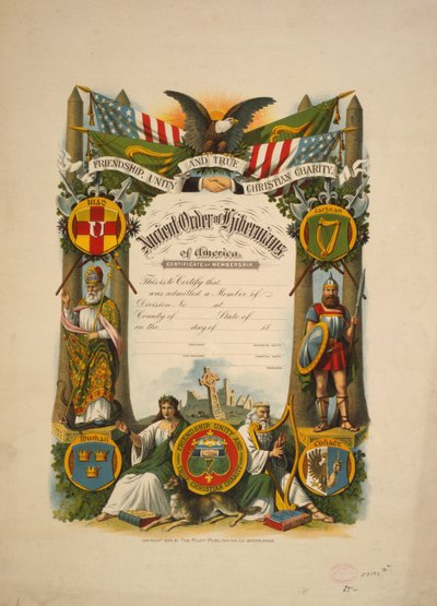 Todistus jäsenyydestä Ancient Order of Hibernians of Americassa, n. 1894 (värilitografia) tekijältä American School