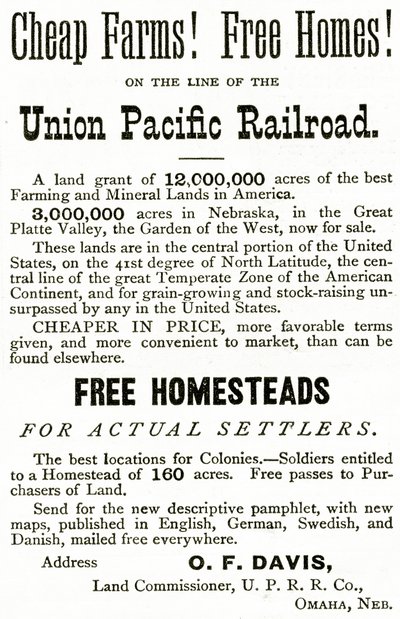 Halvat maatilat ja ilmaiset kodit Union Pacific Railroad -radalla, Appletons Journalin mainos, 4. toukokuuta 1872 tekijältä American School