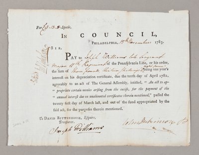 Kolme puntaa ja kolmetoista shillingiä Joseph Williamsille, 13. marraskuuta 1783 tekijältä American School