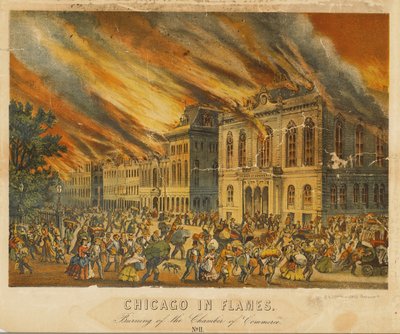 Chicago in Flames: Kauppakamarin palaminen (väri litho) tekijältä American School
