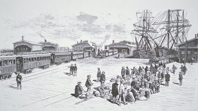 Kiinalaiset siirtolaiset tai "coolet" saapuvat San Franciscoon työskentelemään mannertenvälisellä rautatiellä 1860-luvulla (litho) tekijältä American School