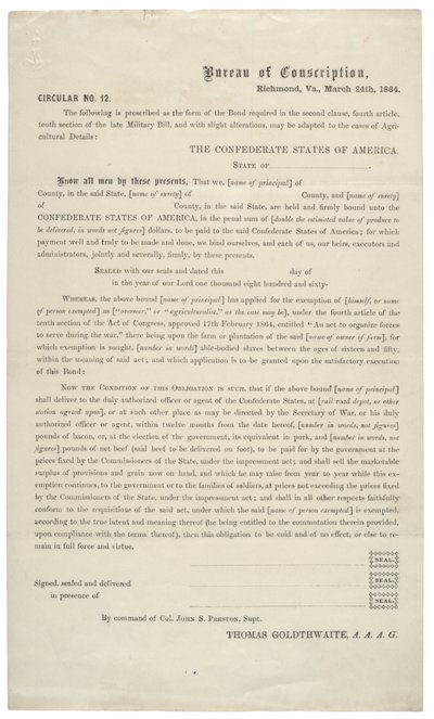 Pyöreäkirje nro 12, tyhjä hakemus palveluksesta vapauttamiseksi Konfederaation armeijassa, 24. maaliskuuta 1864 tekijältä American School