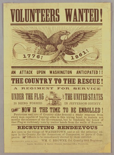 Sisällissodan värväysjuliste, 1861 (tulostus) tekijältä American School