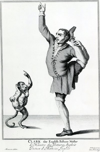Clark the English Posture Maker, otettu sarjasta The Cryes of the City of the London Drawne after the Life, kaiverrus Marcellus Laroon II:n mukaan, julkaisija Pierce Tempest, 1688 tekijältä American School
