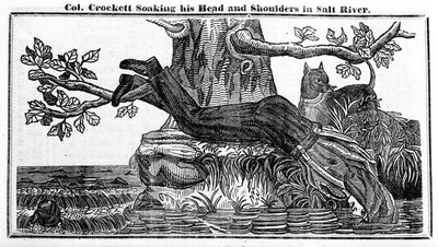 Eversti Davy Crockett liottaa päätään ja hartioitaan Salt Riverissä, Crocketts Almanakista, 1837 (sanomalehtipaperi) tekijältä American School