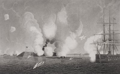 Taistelu Confederate CSS Virginian (vasemmalla) ja Union USS Monitorin (keskellä) välillä 9. maaliskuuta 1862 Hampton Roadsilla, Virginiassa (katso lisätietoja osoitteesta 254609) tekijältä American School