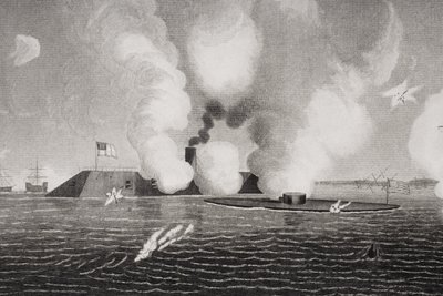 Taistelu Confederate CSS Virginian (vasemmalla) ja Union USS Monitorin (oikealla) välillä 9. maaliskuuta 1862 Hampton Roadsissa, Virginiassa (numero 254608) tekijältä American School