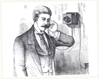 Lauhdutinpuhelin käytössä, The Electric Telephonesta, kirjoittanut George Bartlett Prescott (s.1830), 1890 tekijältä American School