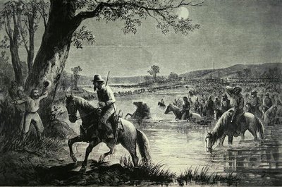 Konfederaation armeija ylitti Potomac-joen Fordeja Marylandin hyökkäyksen aikana vuonna 1862 (litho) tekijältä American School