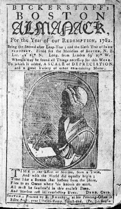 Bickerstaffs Boston Almanackin kansi, jossa on muotokuva Phillis Wheatleystä (1753-84), julkaistu 1782 (painettu) tekijältä American School