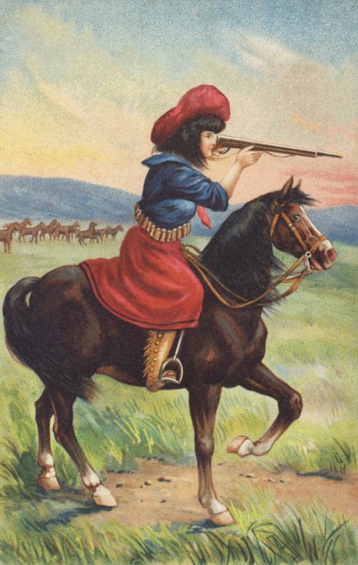Lehmätyttö hevosen selässä tähtäämässä kiväärillä (kromoliitti) tekijältä American School
