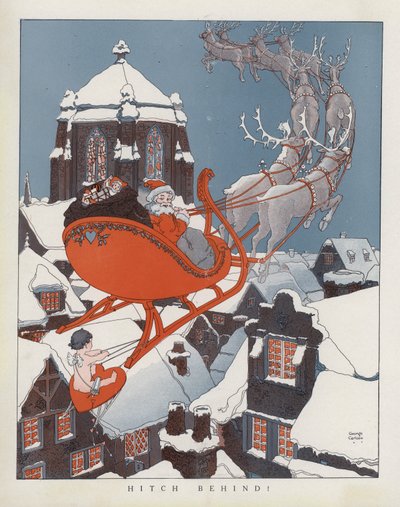 Cupido kyydissä joulupukin reessä (värilitografia) tekijältä American School