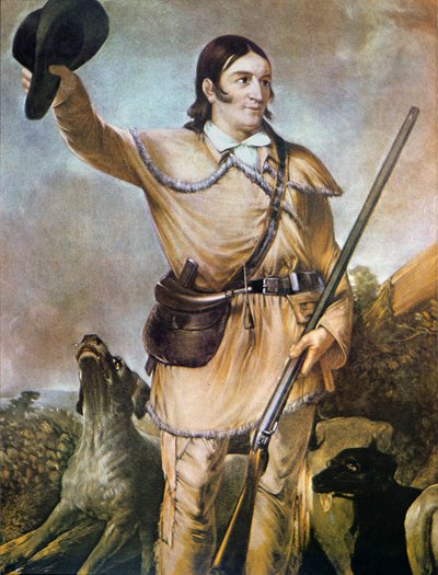 David (Davy) Crockett (1786-1836) metsästyskoirien kanssa vuonna 1836 (väri litho) tekijältä American School