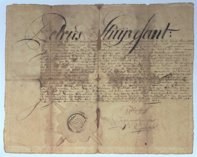 Uuden Alankomaiden pääjohtaja Peter Stuyvesantin allekirjoittama asiakirja, 15. toukokuuta 1664 tekijältä American School