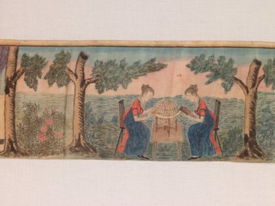 Yksityiskohta pienoispanoraamasta: Nuorten naisten seminaari n.1810-20 (akvarelli ja tussi silkille). tekijältä American School