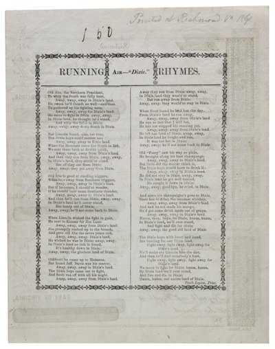 Dixie painettu arkin kääntöpuolelle, 1861 tekijältä American School