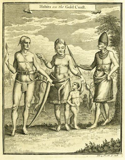 Cape Lope Gonsalvon ja Rio Gabonin asukkaiden mekko, kuvitus teoksesta "Tottumukset Gold Coastilla", kirjoittanut Thomas Astley, 1745-47 tekijältä American School