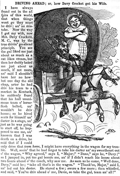 Driving Ahead, eli kuinka Davy Crockett saa vaimonsa, Crockettin almanakista vuodelle 1856, julkaistu, New York, 1855 tekijältä American School