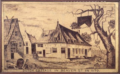 Hollantilainen mökki Beaver Streetillä vuonna 1679, n. 1853 (öljy harsolla) tekijältä American School