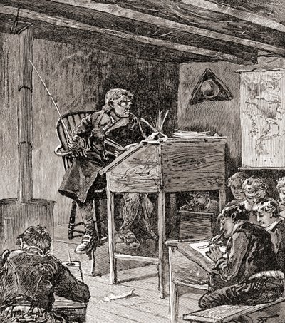 Koulutus 1700- ja 1800-luvuilla, "Maamme historiasta", julkaistu 1905 (puukaiverrus) tekijältä American School