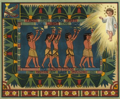 Egyptiläinen joulukortti, jossa kuvataan, miten menneisyys johti Jeesukseen Kristukseen (värilitografia). tekijältä American School