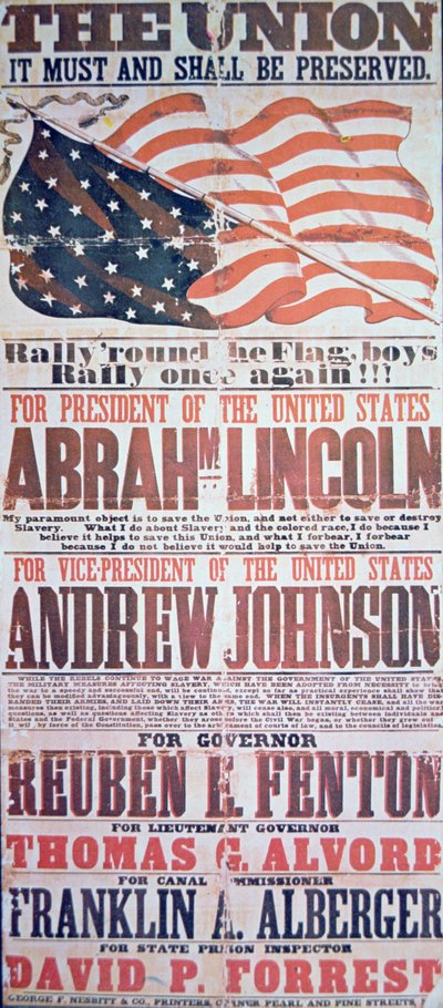 Vaalikampanjan juliste Abraham Lincolnille (1809-65) presidentille ja Andrew Johnsonille (1808-75) varapresidentille tekijältä American School